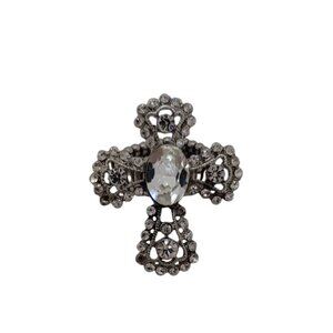 Vintage-Style Silver-Tone Cross Adjustable Stretch Ring With Rhinestones